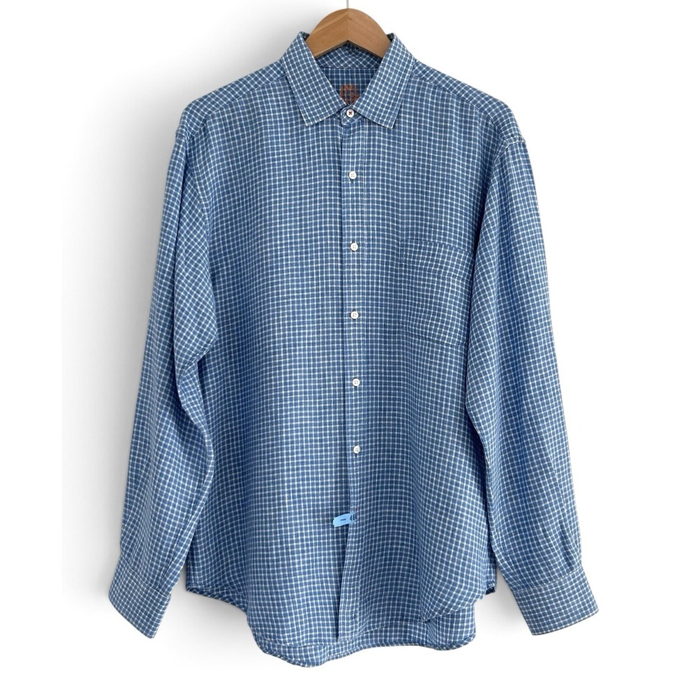 J. Mclaughlin Men's Size Large Blue White Multicolor 100% Linen Button-Up Shirt